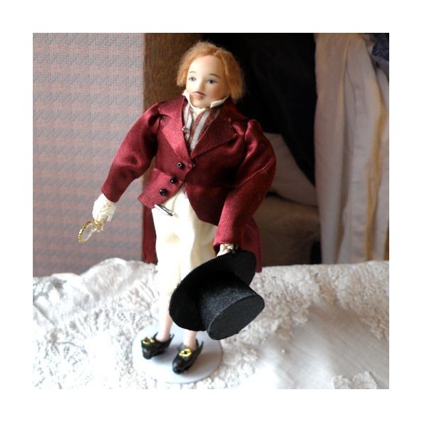 Poupée homme Monsieur avec manteau noir pour la maison de poupée miniature 1:12 