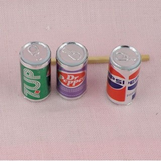 Lot 3 canettes soda boisson miniatures poupée, 2 cm.