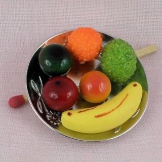 Pears, apples, bananas, fruits miniatures plate for doll, 1 cm.