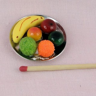 Pears, apples, bananas, fruits miniatures plate for doll, 1 cm.