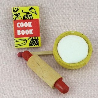 Baking set miniature Wood rolling pin cooking book, bowl