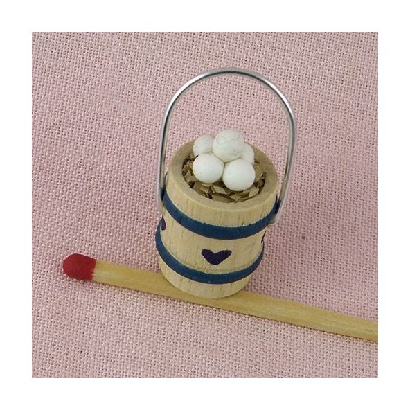 Wood bucket with Eggs dollhouse miniature 1/12