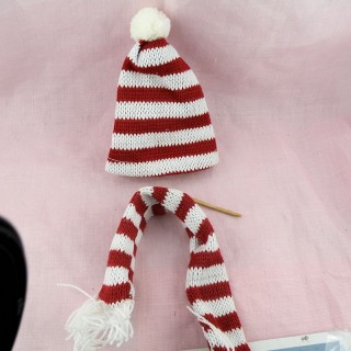 Christmas Knit hat scarf miniature doll 5 cms.