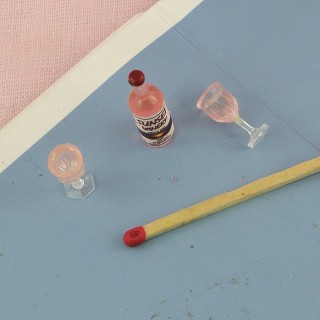 Botella vino rosado copas miniatura casa muñeca