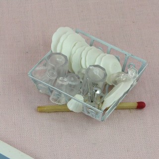 Metal dish drainer with plates doll house miniature