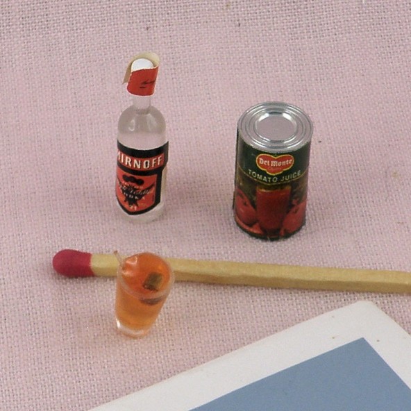 Vodka bottle miniature with one full glasse and tomato juice