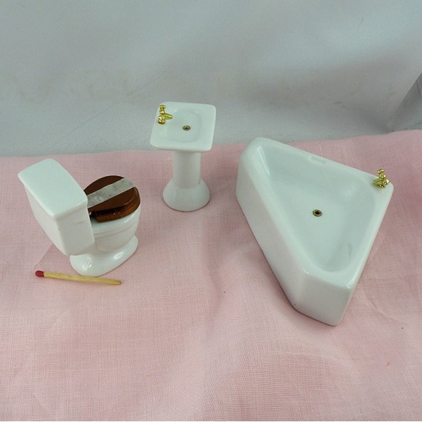 Dollhouse Bathroom Set White Floral Ceramic Tub Toilet Sink 1:12 Scale  Miniatures