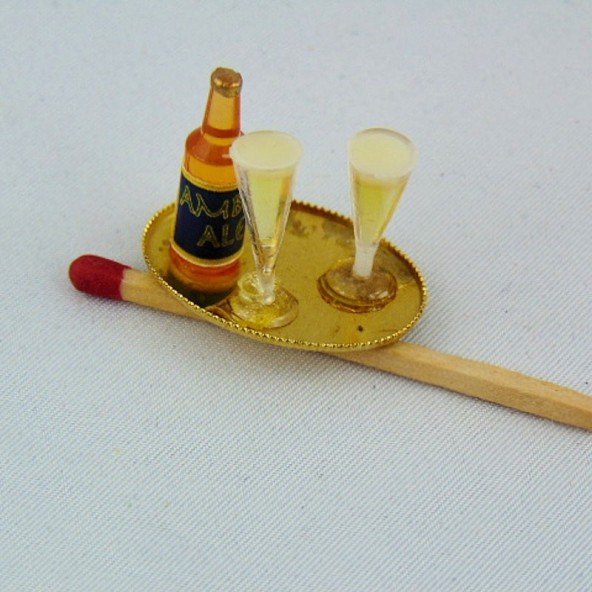 White wine with two glasses on tray miniature for doll house.
