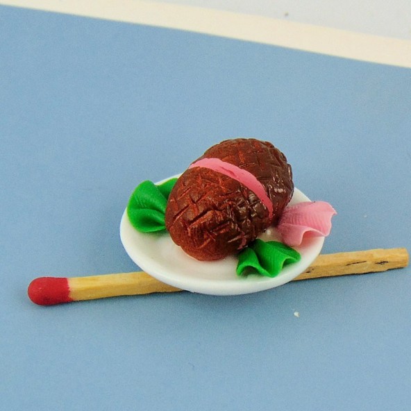 Ham plate meal doll miniature, 3 cms.
