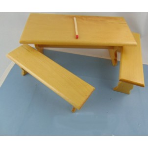 Table and 2 Miniature wooden furniture benches 15 cm